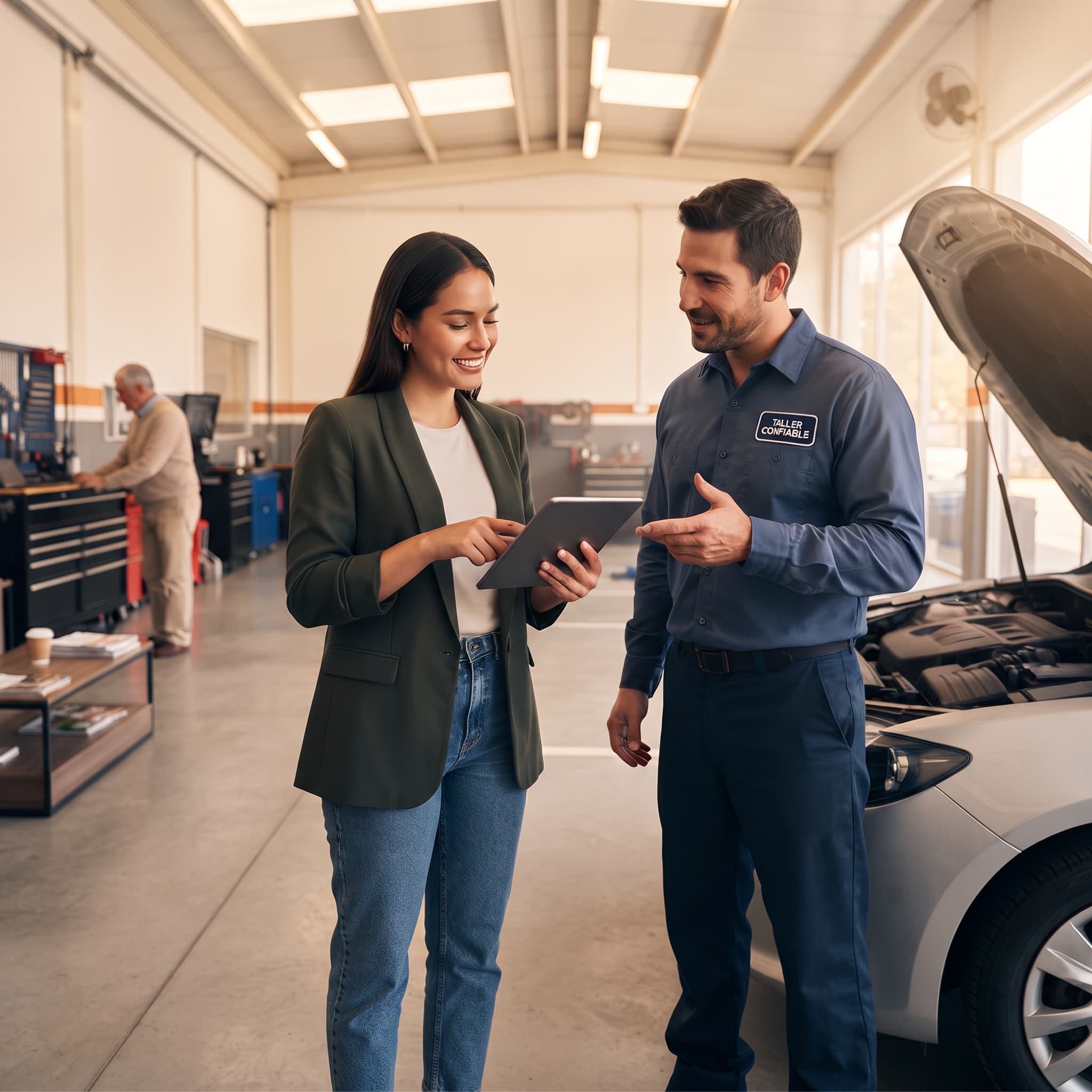 Cliente revisando el diagnóstico de su auto junto a un mecánico certificado
