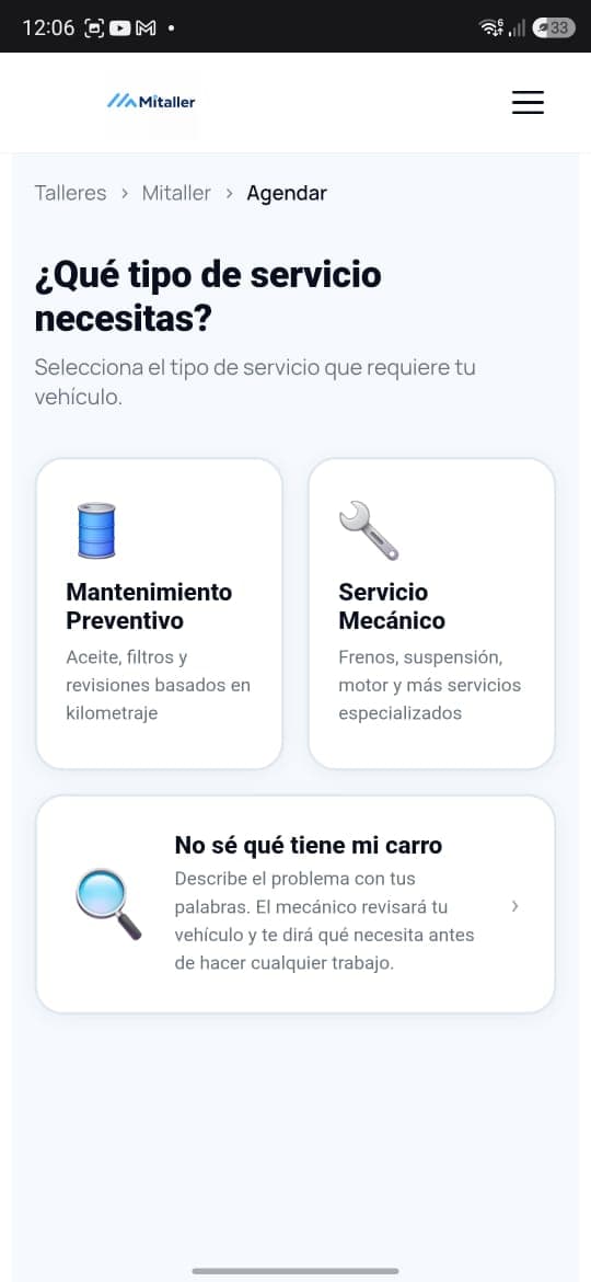 Pantalla de selección de servicio en Mi Taller